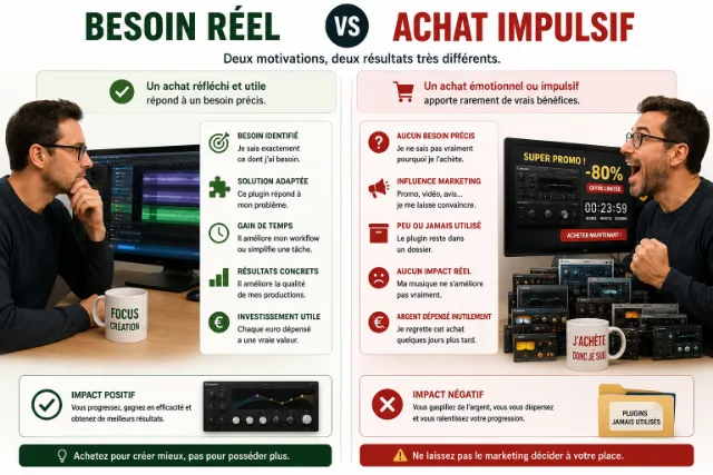 Comparaison entre un besoin réel et un achat impulsif de plugin en MAO à gauche, un achat réfléchi répondant à un besoin précis
