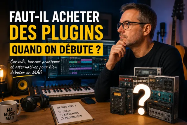 Débutant devant son ordinateur dans un home studio avec des plugins audio et des instruments de musique