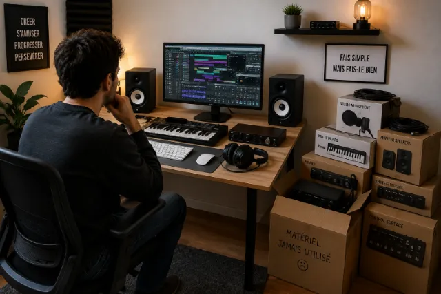 Débutant en MAO devant un home studio simple sans matériel inutile