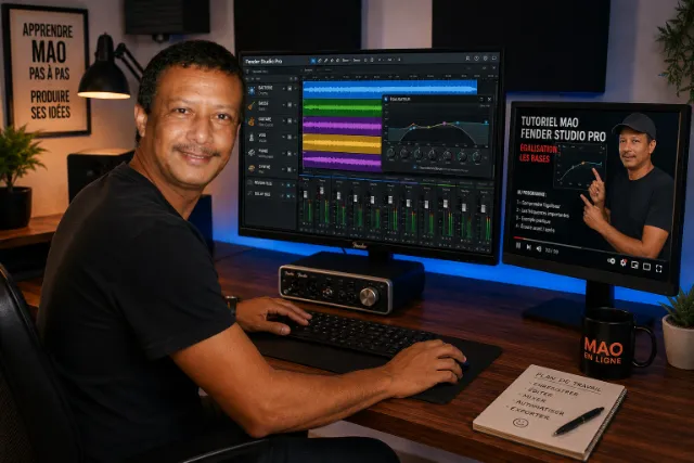 Gaetan apprenant la MAO avec un tutoriel Fender Studio Pro dans son home studio