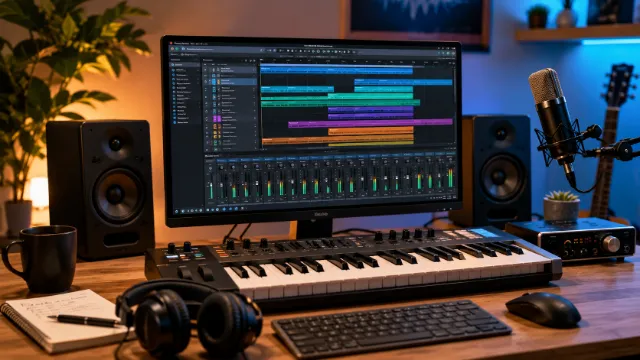 Home studio de MAO avec ordinateur affichant un logiciel DAW, clavier MIDI, enceintes de monitoring et microphone