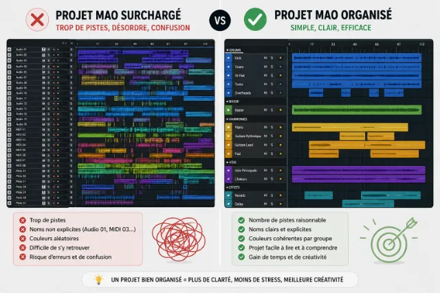 Infographie montrant une comparaison entre un projet MAO surchargé et un arrangement musical simple