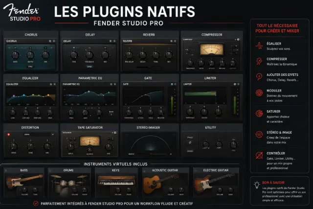 Infographie présentant les plugins natifs de Fender Studio Pro avec des effets de chorus, delay, réverbération, compression,