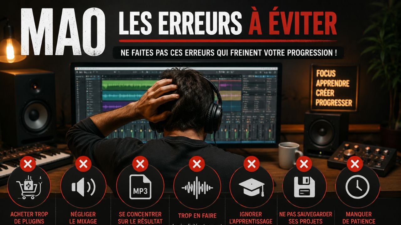 Infographie sur les erreurs à éviter en MAO montrant un musicien devant son logiciel de production et les principales erreurs des débutants acheter trop de plugins, négliger le mixage
