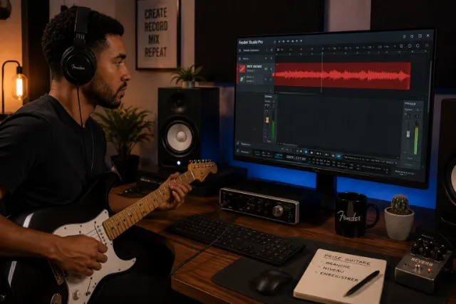 Musicien débutant enregistrant une guitare dans Fender Studio Pro