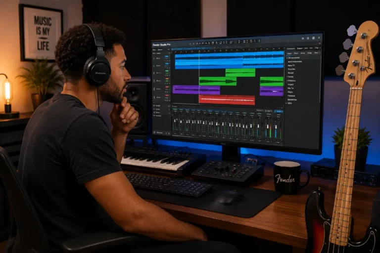 Musicien débutant métis apprenant la MAO avec Fender Studio Pro dans son home studio