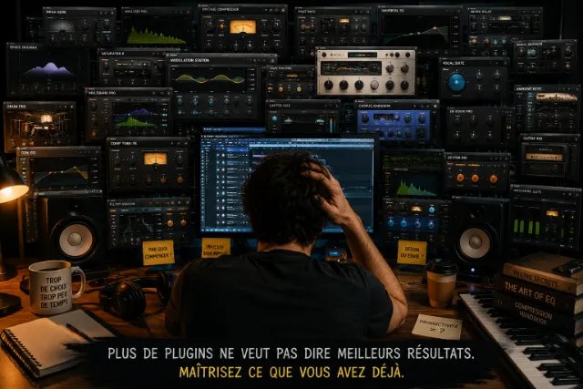 Producteur de musique dans un home studio encombré de nombreuses fenêtres de plugins audio, août 2026, 17 45